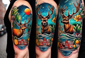 arm tattoo of stag deer and birds in Amsterdam canal featuring Amsterdam houses in space with pineapple at the bottom tattoo idea