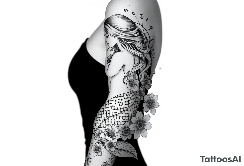 ethereal mermaid with flowing hair among coral and sea flowers tattoo idea