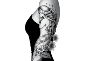 ethereal mermaid with flowing hair among coral and sea flowers tattoo idea