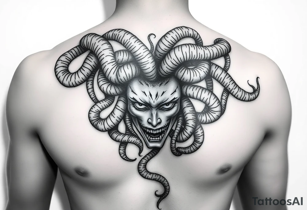 Beautiful but dark Medusa chest peice with her snake hair reaching my arms and shoulder. Black and white, realistic tattoo idea