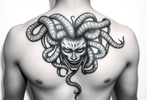 Beautiful but dark Medusa chest peice with her snake hair reaching my arms and shoulder. Black and white, realistic tattoo idea