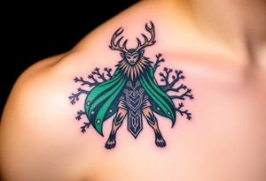 A powerful Cernunnos, the antlered Celtic god of the forest, standing among ancient oak trees, his deep emerald cloak blending into the wild landscape tattoo idea