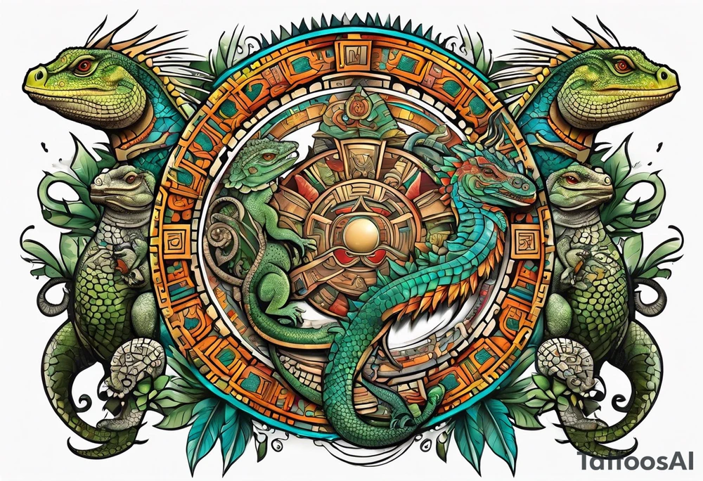 Mayan calendar with large iguanas with long tails intertangled at the bottom tattoo idea
