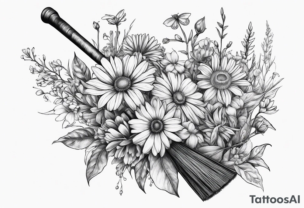 Bouquet of wildflowers tied to a broom handle tattoo idea