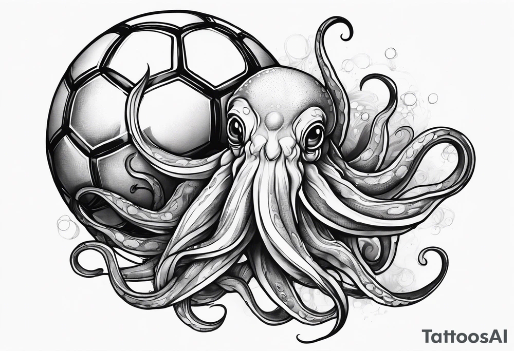 Squid with big tentacles holding a soccer ball tattoo idea