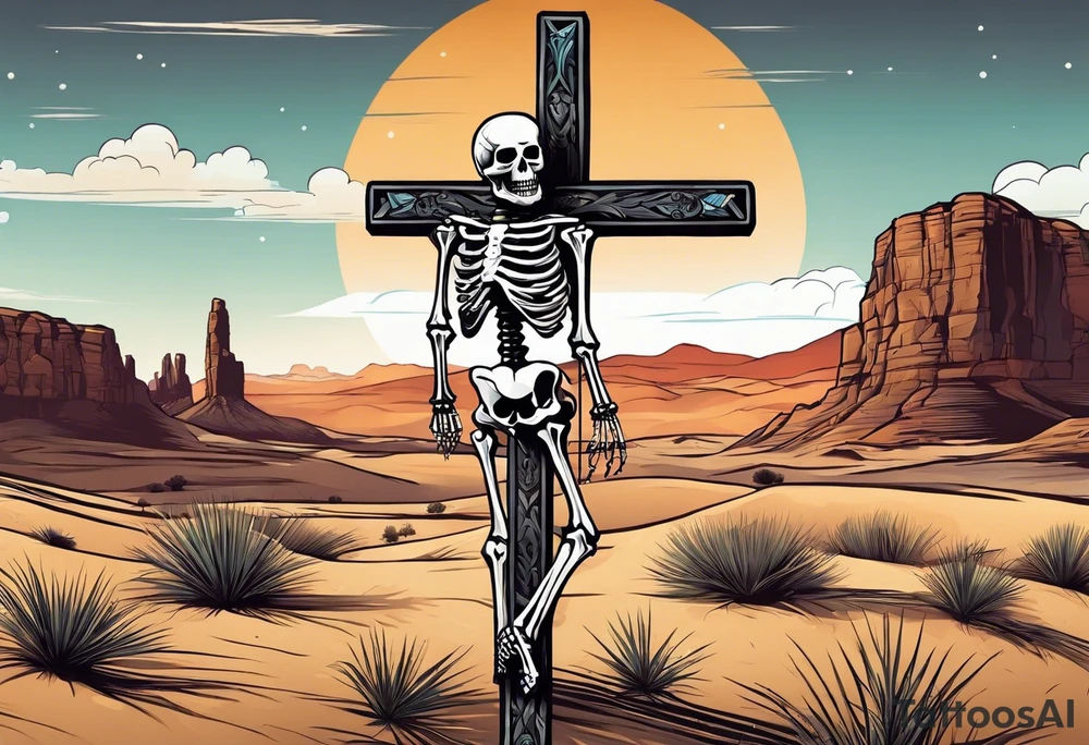 skeleton walking towards a cross in a desert tattoo idea