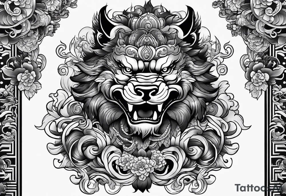 foo dog full body leg sleeve tattoo idea