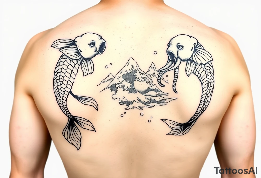 Koi fish and elephants with a wave design and underwater mountains tattoo idea