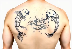 Koi fish and elephants with a wave design and underwater mountains tattoo idea