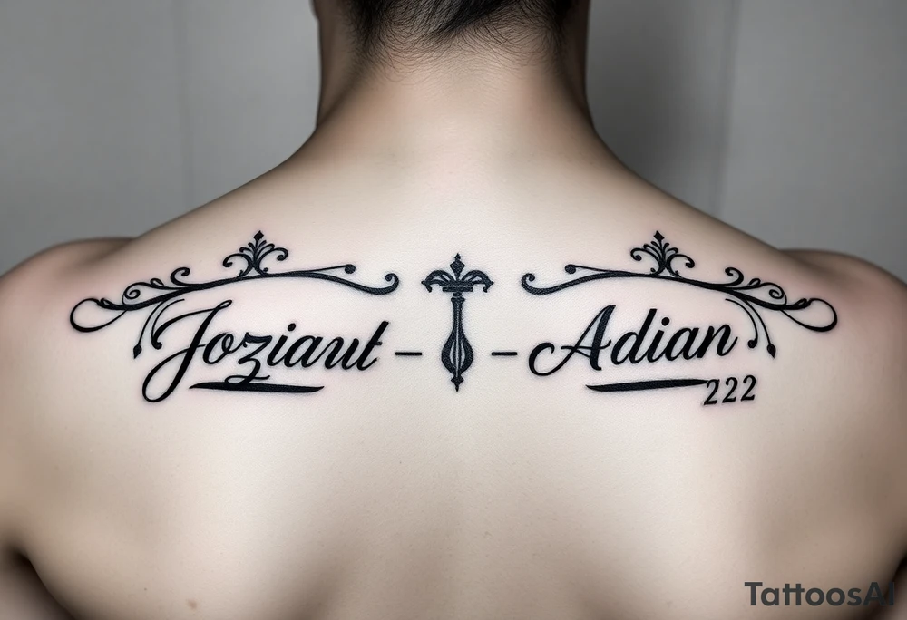 Mother with two sons 1 and half years apart ideas for a women In cursive writing in side crowns the names Joziah   the othe Adian  and thier days numbers in roman numerals joziahs bday is 7-6-21 & Adian is 3-10-23 in roman numerals tattoo idea