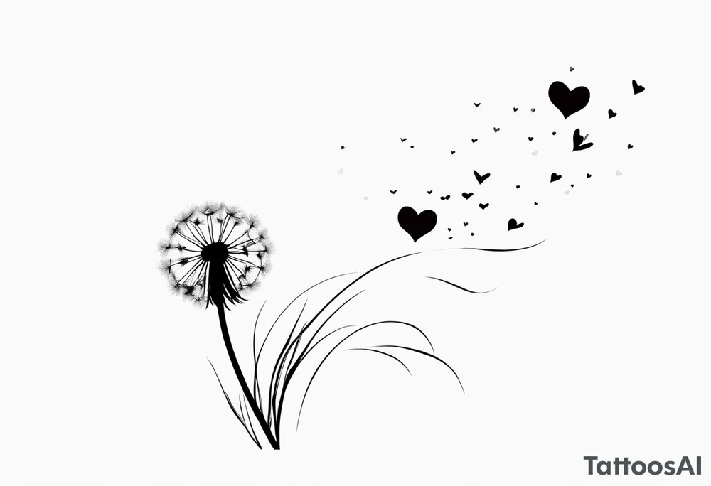 Dandelion with its ligules blowing away, a few legs are tiny hearts, the girls turn into a little bird, flying away to its future tattoo idea