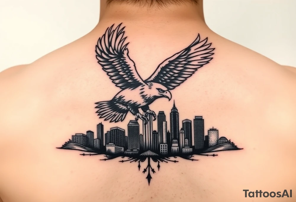 Philadelphia Eagle flying over Philadelphia city skyline with go Birds under it tattoo idea