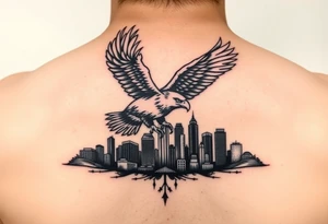 Philadelphia Eagle flying over Philadelphia city skyline with go Birds under it tattoo idea