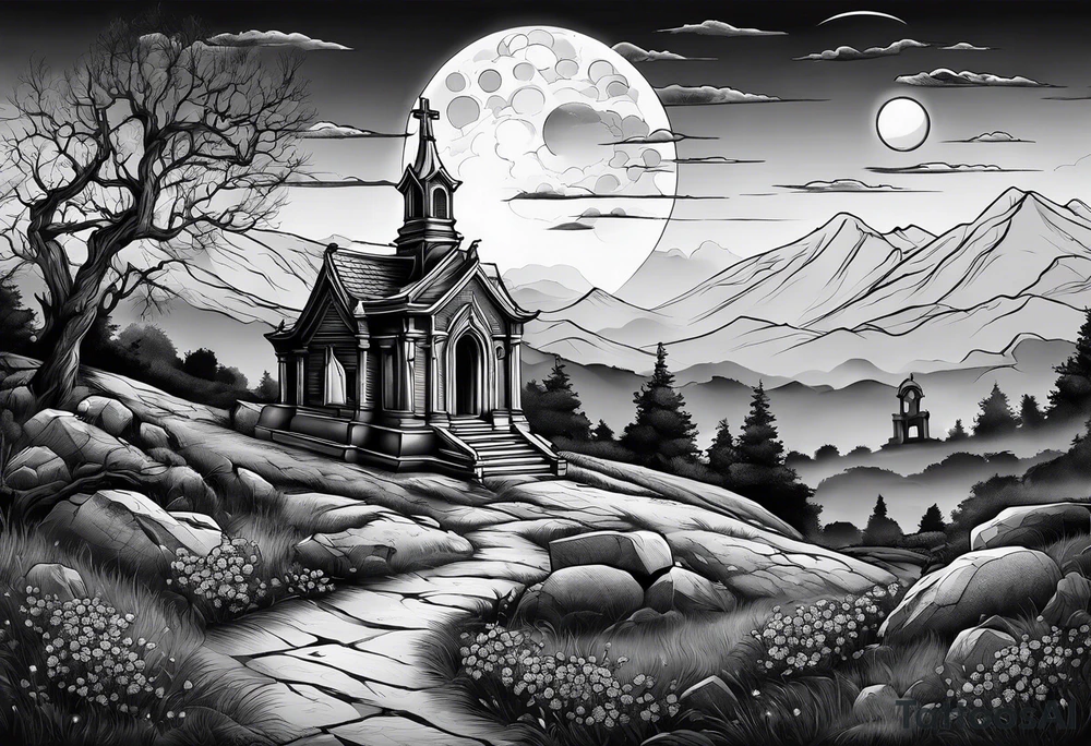 Cemetery on hills with smoke and moon tattoo idea
