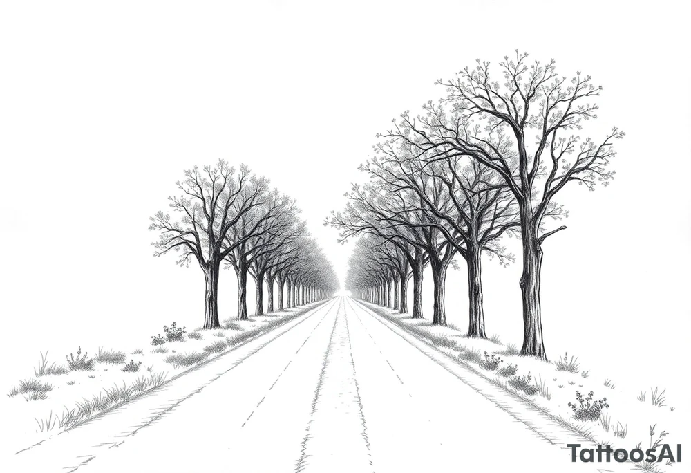 Tree-lined dirt road. Road is rough, little shoulder. Deciduous trees arch across it, meeting in the middle. 

Road should be rougher, more rural. Branches start lower. The trees in the foreground should be bigger — perspective has road getting smaller. 

Make the trees leafier. Branches begin lower on the trunk. 

Much leafier trees. Summer. Can’t see much behind the trees 

Make the trees oak. More leaves tattoo idea