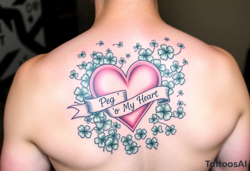A ton of green shamrocks with a big Pink heart and a banner across the heart that says Peg 'o My Heart tattoo idea