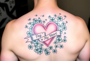 A ton of green shamrocks with a big Pink heart and a banner across the heart that says Peg 'o My Heart tattoo idea