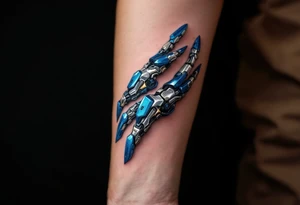 A blue and silver exoskeletal structure integrated with the hand’s contours, mimicking robotic dexterity. tattoo idea