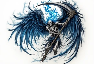 A skeletal angel with dark blue ethereal wings, holding a flaming scythe, surrounded by swirling shadows. tattoo idea