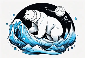 arm tattoo of weather and a little muscular polar bear and ice berg and some nature make colors primary black and white with a little blue tattoo idea