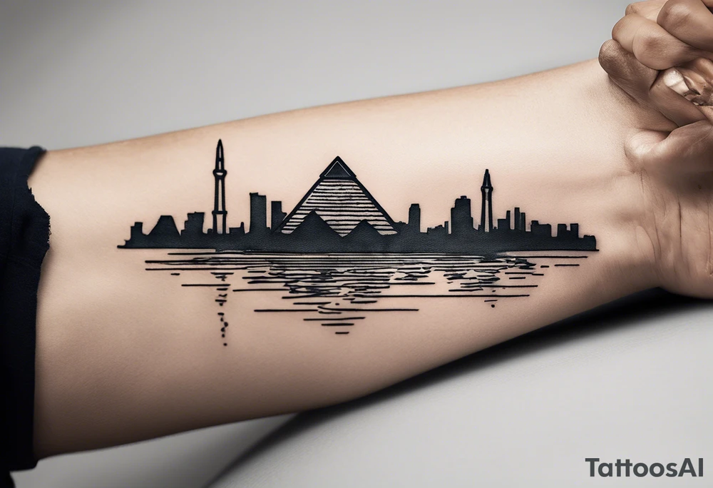 Craft a concise yet powerful tattoo that blends the Pyramids of Giza with the Manhattan skyline as the backdrop, seamlessly integrating the Nile River with the Hudson River. Keep it simple, focusing on key elements like pyramid silhouettes and iconic skyscrapers, allowing the rivers to converge naturally. Opt for a balanced composition with minimal detailing, capturing the essence of your Egyptian heritage alongside your life in New York tattoo idea