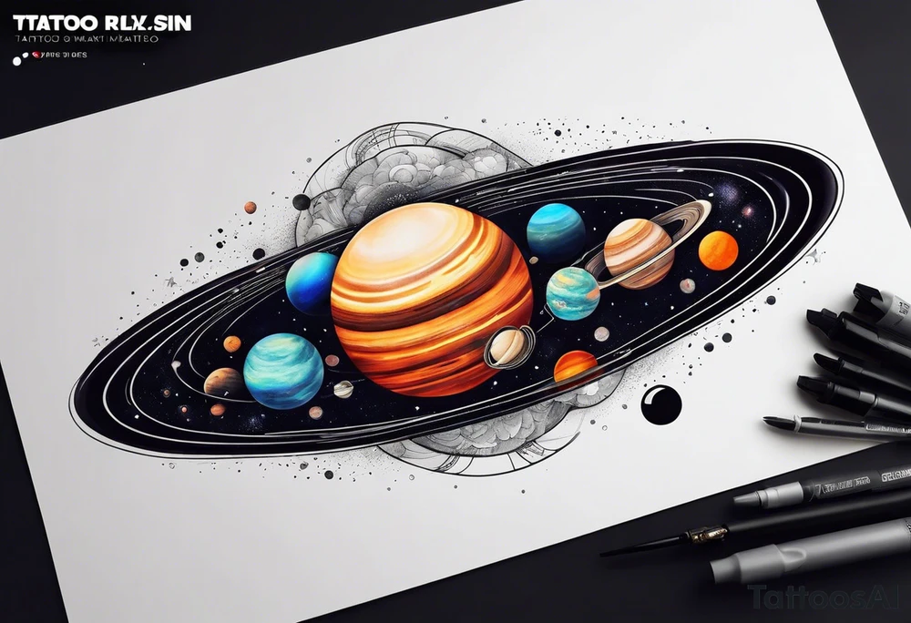 Sleeve tattoo of planets orbiting a supermassive black hole. tattoo idea