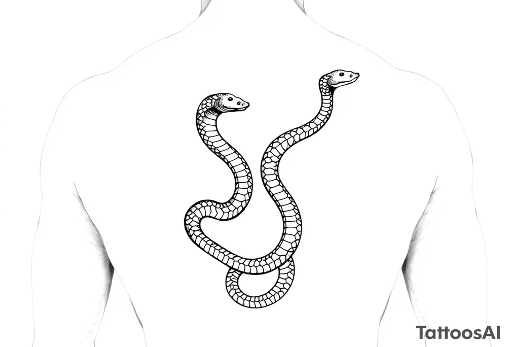 Id like a back tattoo with two snakes.  The illustration should be minimal with "skin-break."  I'd like the tails to be intertwined to accentuate my upper buttocks/upper butt crack, and Id like the snakes to moving upwards to the upper back, with the heads stopping just under my shoulder blades.  Almost like a "V shape" but very organic, like a symmetrical winding road.  Id like the tattoo to be sexy and accentuate my back to make my waist look small.  Black and white. Minimal.  Fine line. Please use a male body type. tattoo idea