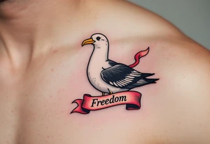 Traditional Albatross with Banner – A classic tattoo-style albatross with a bold black outline, white feathers, yellow beak, and a red ribbon banner below reading “Freedom.” tattoo idea
