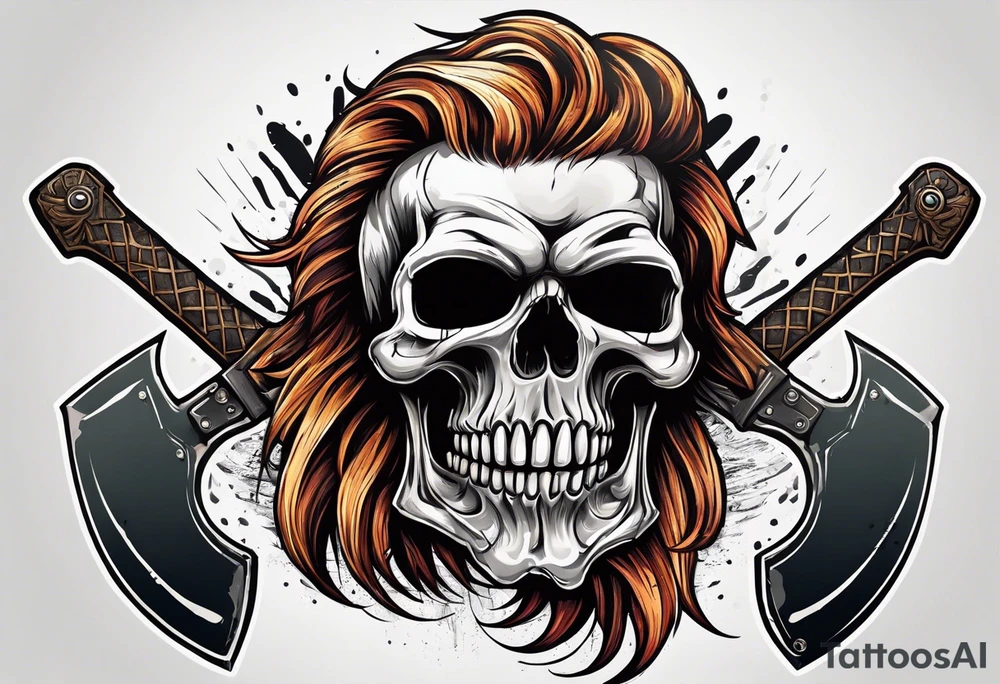 Skull with hair, smiling and having an axe in his hand. tattoo idea