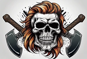 Skull with hair, smiling and having an axe in his hand. tattoo idea