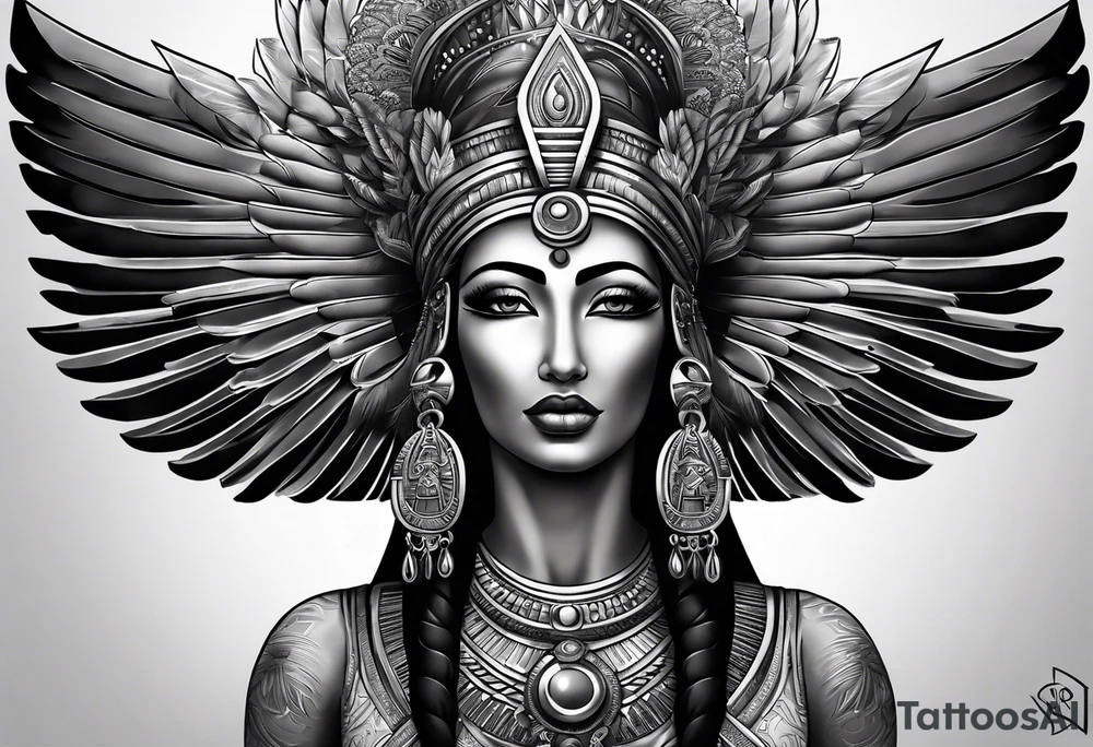 black and gray photo realistic goddess isis with minimum detail tattoo idea