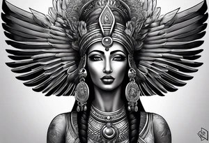 black and gray photo realistic goddess isis with minimum detail tattoo idea