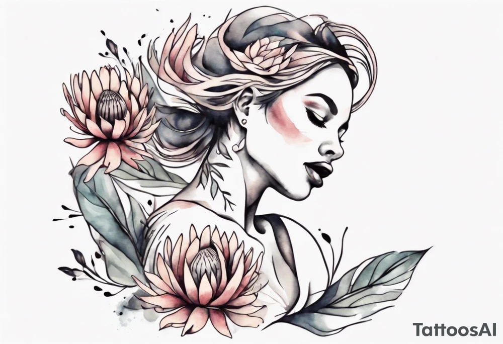 Very feminine tattoo with a woman dancing in a wind of protea flowers tattoo idea