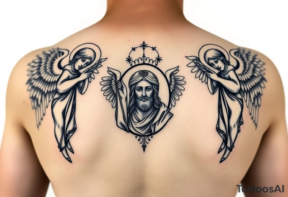 russian orthodox symmetrical guardian angel icon on left and right side of back with both angels holding up a jesus potrait tattoo idea