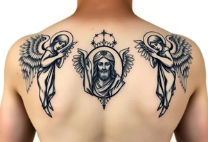 russian orthodox symmetrical guardian angel icon on left and right side of back with both angels holding up a jesus potrait tattoo idea