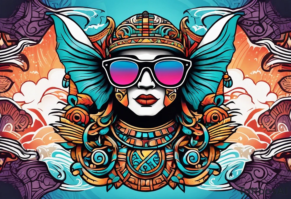 Colorful Mayan hieroglyph wearing sunglasses with waves and bats tattoo idea