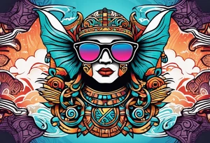 Colorful Mayan hieroglyph wearing sunglasses with waves and bats tattoo idea