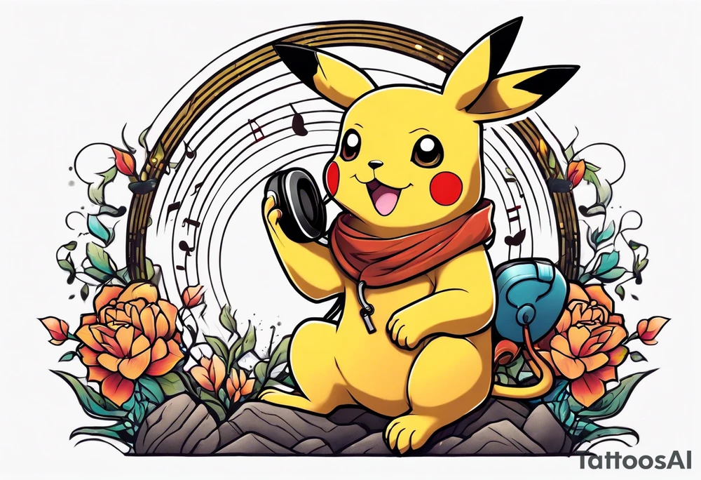 pickachu sitting on a lion listening to music tattoo idea