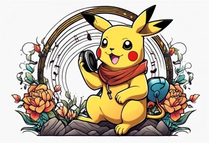 pickachu sitting on a lion listening to music tattoo idea