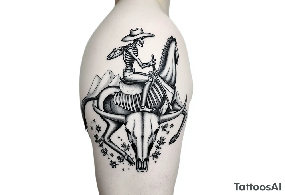 cowboy skeleton riding the horse skeleton on Porter’s bicep, sized to fill most of the outer bicep. The mountain/longhorn skull design can wrap over the shoulder cap so the longhorn skull sits below the mountains, tying into the bicep piece. I’ll blend them with traditional-style filler (stars, dots, and desert plants) so it reads as one cohesive upper-arm half sleeve rather than separate tattoos. tattoo idea