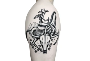 cowboy skeleton riding the horse skeleton on Porter’s bicep, sized to fill most of the outer bicep. The mountain/longhorn skull design can wrap over the shoulder cap so the longhorn skull sits below the mountains, tying into the bicep piece. I’ll blend them with traditional-style filler (stars, dots, and desert plants) so it reads as one cohesive upper-arm half sleeve rather than separate tattoos. tattoo idea