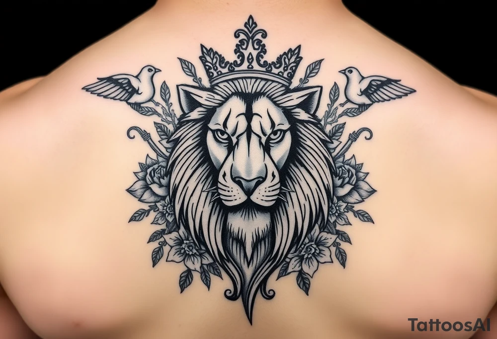powerful majestic lion with a crown, surrounded by floral ornaments and birds tattoo idea