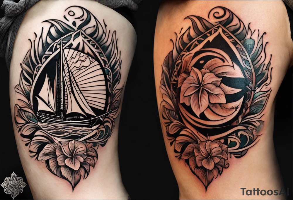 Segelboot, lachende sonne, delfin, zutronen, monstera ableger, maori Stilelemente, orientalische fliesen haupsächlich, hibiskus, Perspektive. vertikal, tattoo idea