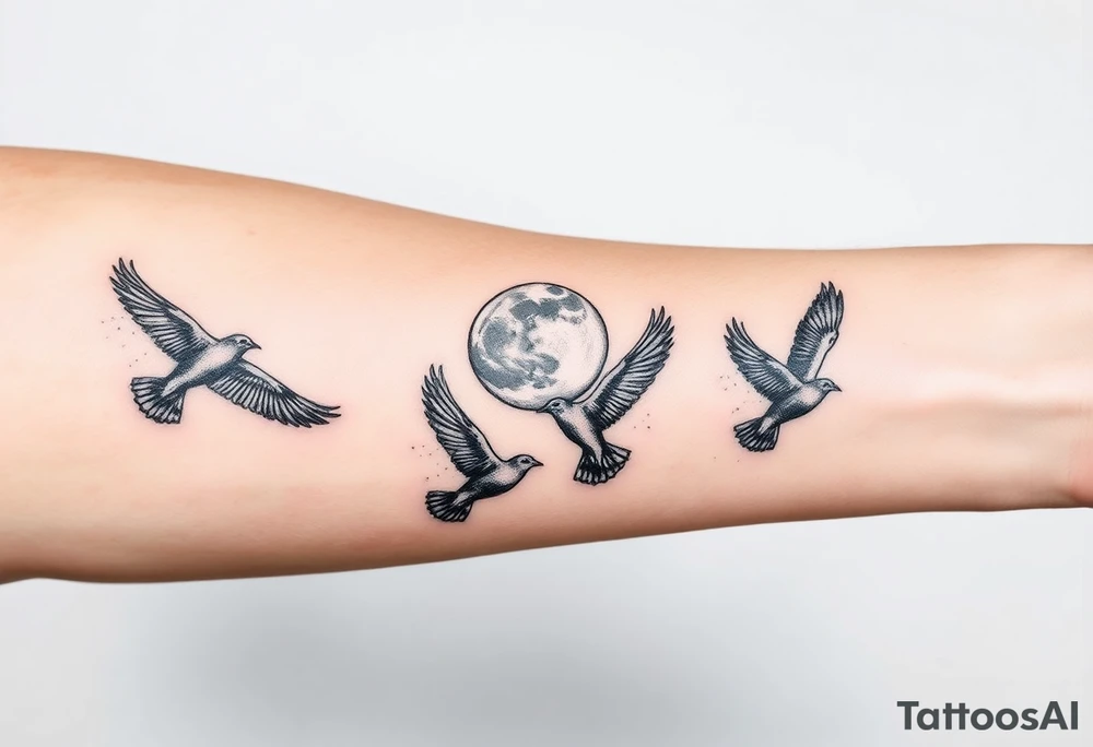 5 birds, the moon, flying tattoo idea