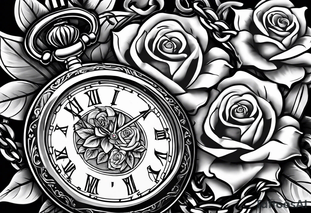 Two pocket watches linked together by a chain spelling "Lyv". Roses and lilies in the background tattoo idea