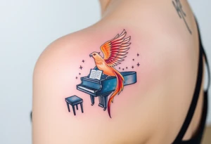phoenix being reborn from a grand piano under the stars tattoo idea