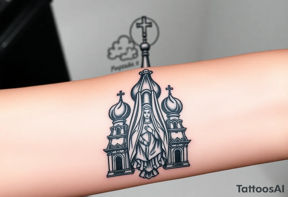 Russian Orthodox church with orthodox spire crosses, with clouds above it and a virgin mary seperately looking over hands on heart sat above tattoo idea