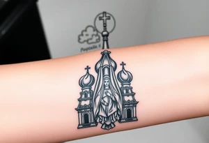 Russian Orthodox church with orthodox spire crosses, with clouds above it and a virgin mary seperately looking over hands on heart sat above tattoo idea