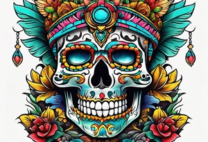 Colorful mayan skull with mouth as cave with water coming out tattoo idea