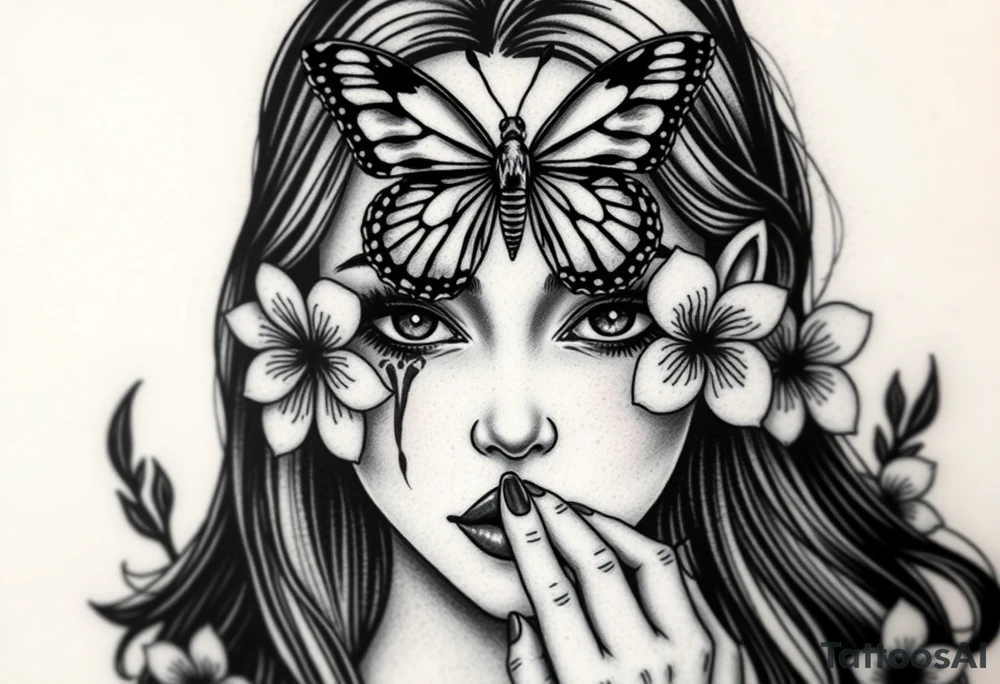Womens realistic face eyes and nose ears and mouth with long hair but her ears are bleeding her index fi ger is to her lips like telling you to not talk and her above her head right atop of her head where her forehead would be a butter fly is above her and that butterfly is covering both her eyes and  only her eyes and for head you can see her ears bleeding her lips her nose and her putting her fi her to her lips as there is a garden of Beautiful pink plumeria tattoo idea